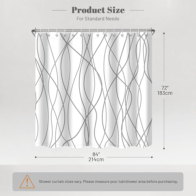Punkray Grey and White Striped Polyester Shower Curtain for Bathroom with Hooks, Waterproof Bath Accessories Hotel Style - Machine Washable 84 x 72