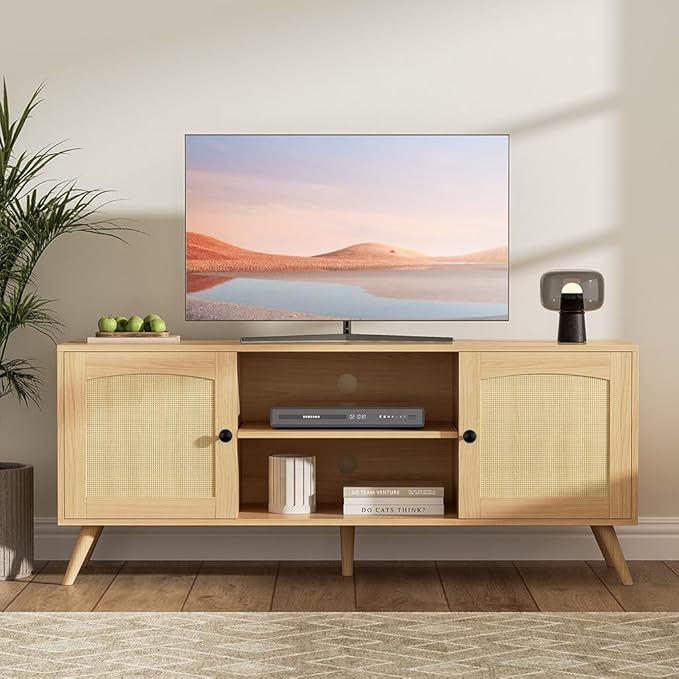 Oak TV Stand for 60 Inch TV, Wooden Mid Century Modern Entertainment Center with Natural Rattan Door, Boho Media TV Console for Living Room