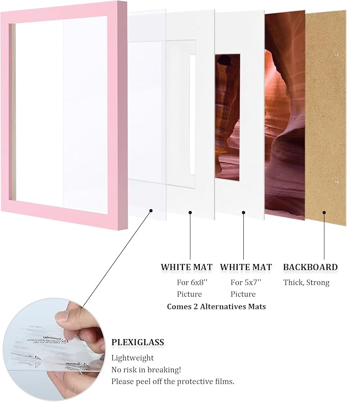 Egofine 9x12 Picture Frame Made of Solid Wood Covered by Plexiglass, Wood Frame for Pictures 5x7/6x8 with Mat or 9x12 without Mat, Tabletop and Wall Mounting Display, Pink