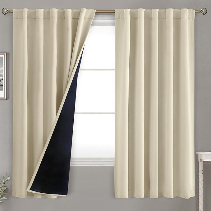BGment Beige Full Blackout Curtains with Thermal Insulation Liner Curtains 63 Inches Long，Rod Pocket and Back Tab Double Layer Room Darkening Window Curtain for Bedroom(42 x 63 Inch, 2 Panels, Beige)