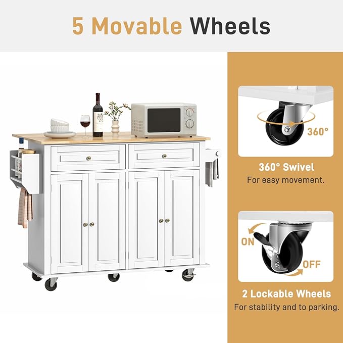 51.2" Movable Kitchen Island with Drop Leaf and Power Outlet, Rolling Island Cart w/Storage Cabinet, Island Table on Wheels for Kitchen w/2 Drawers, Spice Rack, Towel Bar, Garage Hook, White
