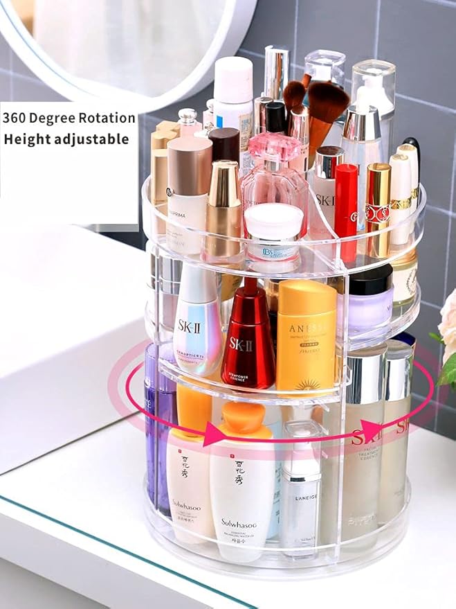 Cq acrylic Rotating Makeup Organizer,Adjustable Spinning Skincare Organizer for Vanity,Countertop,Clear Rotating Perfume Organizers,Bathroom Lazy Susan Organizer and Spin Skin Care Storage Rack,1 Pack