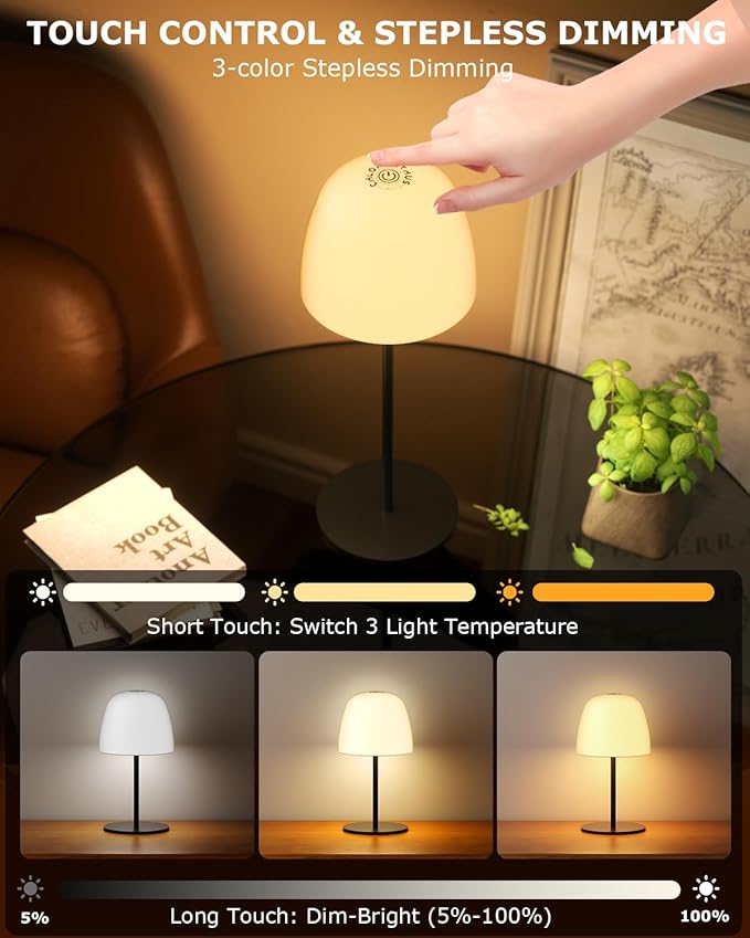 2 Pack Portable Cordless Table Lamp, 3 Color Stepless Dimming 5500mAh Rechargeable Battery Operated LED Desk Lamp, for Bedroom/Couple Dinner/Desk/Cafe/Dining Room/Terrace