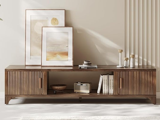 Mid Century Modern TV Stands for 65/70/75 Inch TV, Boho Media Console for Living Room, Fluted TV Entertainment Center with Storage, Wood Television Cabinet for Bedroom