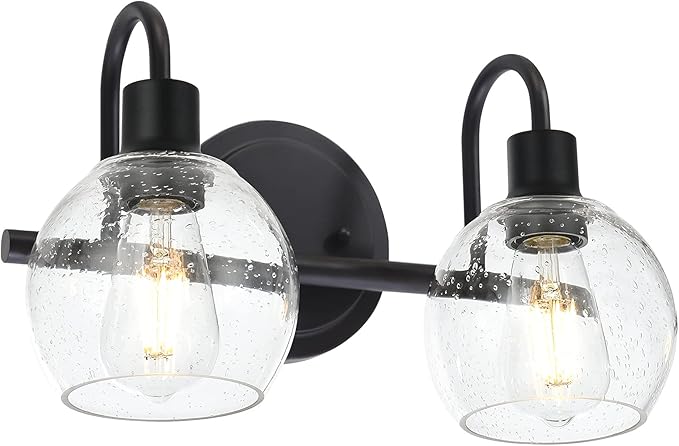 Black 2-Lights Wall Sconce Lighting with Seeded Glass Lampshades Industrial Bathroom Vanity Light Fixtures for Hallway Kitchen Bedroom