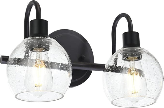 Black 2-Lights Wall Sconce Lighting with Seeded Glass Lampshades Industrial Bathroom Vanity Light Fixtures for Hallway Kitchen Bedroom