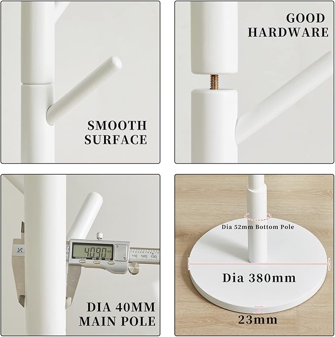 Standing Coat Rack White Coat Stand with 8 Hooks and 3 Height Options, Wood Kids Coat Tree with Sturdy Round Base, Small Hall Tree White YD-1009