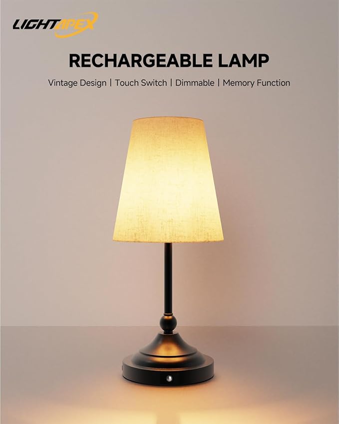 Lightapex Vintage Small Cordless Table Lamps with Stepless Dimming, Portable Rechargeable Bedside Lamps with Touch-Control for Bedroom, Living Room, and Reading, Cone(Black)