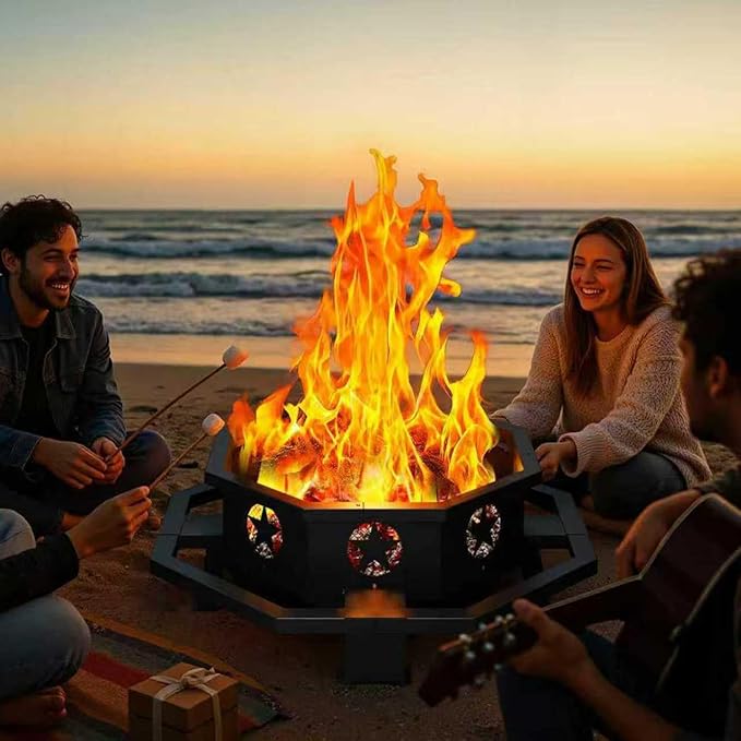 ZIENLIFE 43 Inch Fire Pit for Outside Wood Burning, Outdoor Octagonal Fire Pit with Poker, Large Firepit for Camping, Backyard, Patio, Black