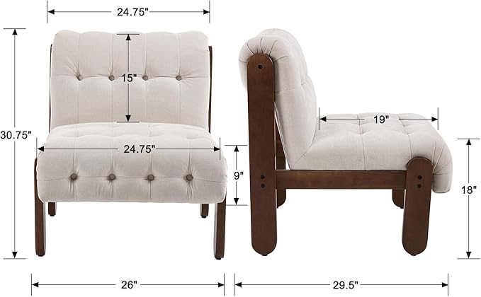 Modern Armless Accent Chair Set of 2 for Living Room, Beige Linen Button Tufted Upholstered Lounge Reading Chair with Walnut Wood Frame