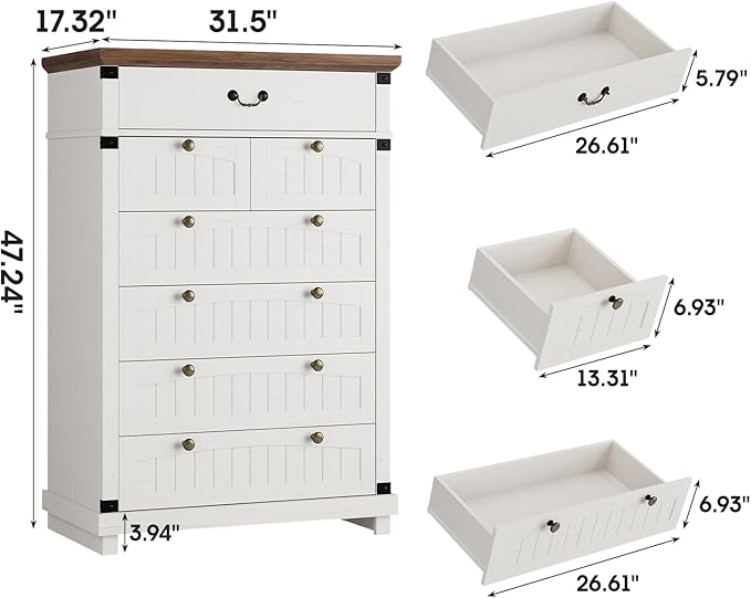 Maupvit Farmhouse 7 Drawer Dresser for Bedroom, 47" Tall Dresser Wood Chest of Drawers, Organizer Drawers for Bedroom, Living Room, Storage Room, Antique White