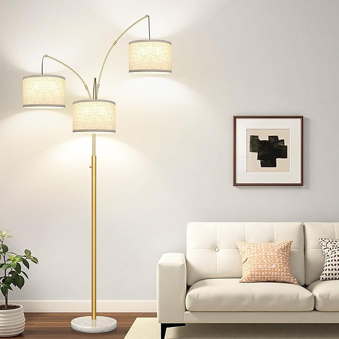 Dimmable Floor Lamp - 3 Lights Gold Floor Lamps for Living Room Linen White Shades & Marble Base, Mid Century Tree Floor Lamp for Bedroom Office, 3 LED Bulbs Included