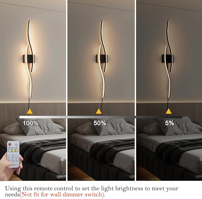 Modern Plug in Wall Sconces Set of Two, RC Dimmable LED Plug in Wall Light, Black Sconce Wall Lighting for Living Room, Hallway, Bedroom