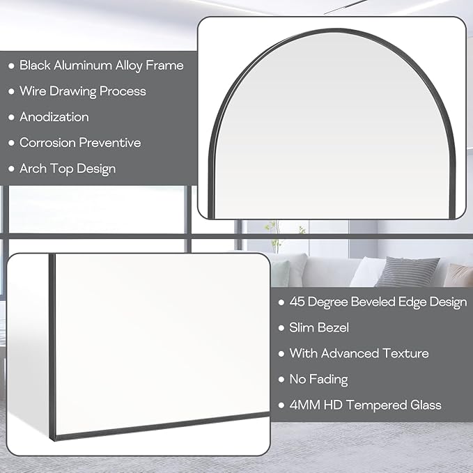 24" x 32" Black Arched Mirror, Arch Wall Mirror, Metal Frame Black Bathroom Mirror, Arched Top Bathroom Vanity Mirror for Living Room, Bedroom, Entryway, Tempered Glass, Shatter Proof