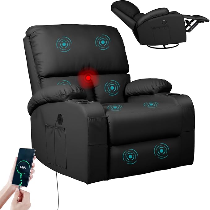 Rocking Recliner Chair, Massage Rocker Recliner Chair with Vibration Massage and Heat, USB and Type-C Ports,360° Swivel Faux Leather Chairs, Living Room, Bedroom, Nursery, RV, Black