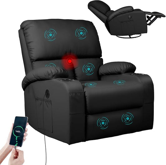 Rocking Recliner Chair, Massage Rocker Recliner Chair with Vibration Massage and Heat, USB and Type-C Ports,360° Swivel Faux Leather Chairs, Living Room, Bedroom, Nursery, RV, Black