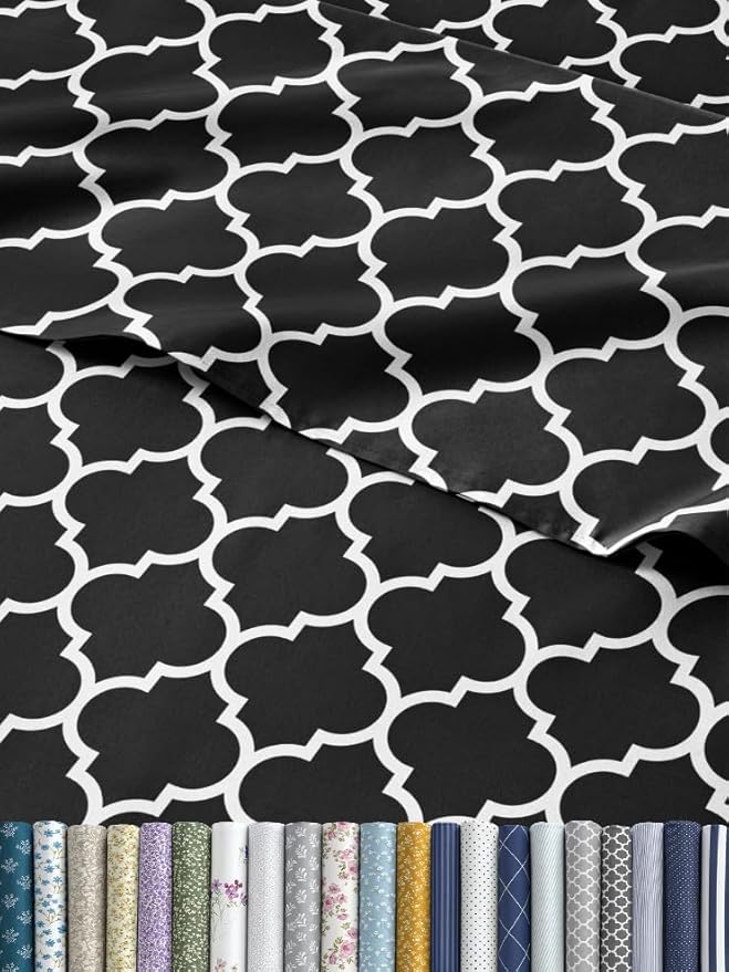 Black Geometric Bed Sheets - 1 Flat & 1 Fitted Sheet & 1 Pillowcase w/ Deep Pockets – Wrinkle & Fade Free- Ultra-Soft, Breathable and Cooling - Luxury Moroccan Bed Set – Twin Size - Black Quatrefoil