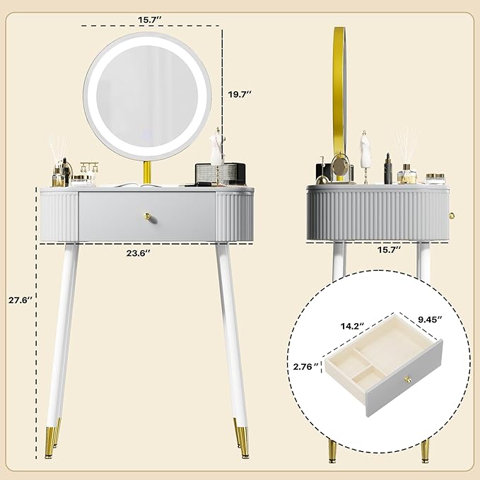 WinZo 24" Vanity Desk with Mirror and Lights, Small Makeup Vanity Table with 1 Storage Drawers, 3 Color Touch Screen Stylish Dressing Table for Small Spaces & Bedroom, Gray
