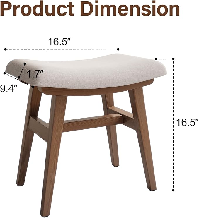 Solid Wood Small Vanity Stool, Compact Makeup Chair with Saddle Cushion, Linen-Covered High Rebound Sponge Seat, Easy Assembly Footstool for Bedroom, Entryway, Home, Walnut