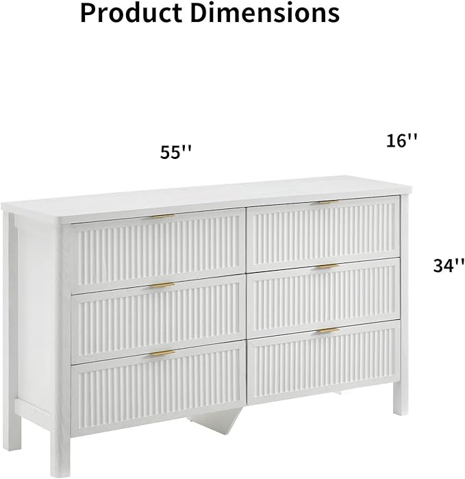 Fluted 6 Drawers Dresser for Bedroom, 55 Inch Wide Modern Wood Chest of Drawers, Mid Century Chests Drawer Clothing Organizer for Hallway (White)