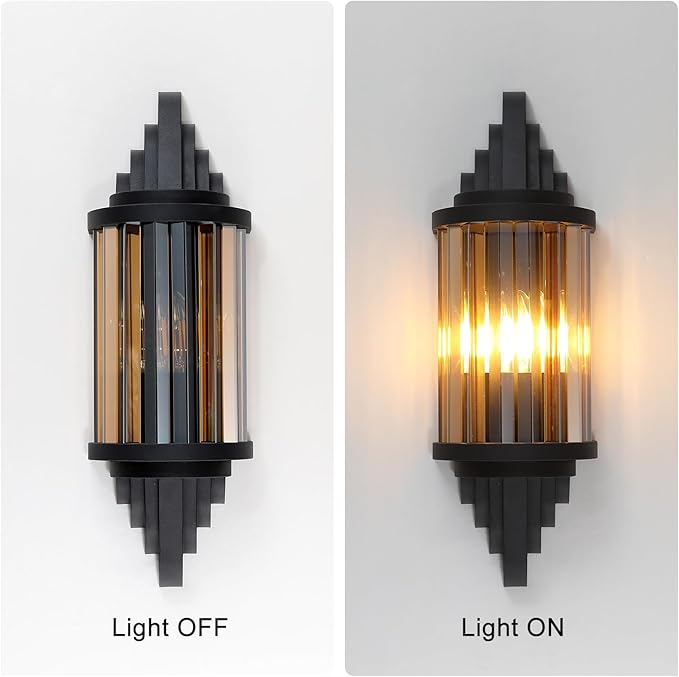 Rustic Black Wall Sconce with Amber Glass Vintage 2-Lights Antique Wall Light Fixture Retro Farmhouse Mid Centry Lantern Wall Sconce for Bedroom, Living Room, Mirror, Fireplace, E12