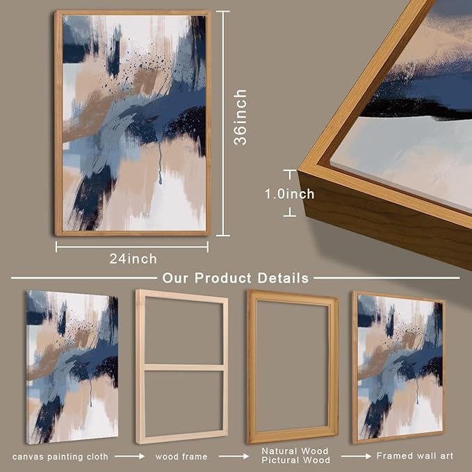 Extra Large Blue Neutral Wall Art Decor Modern Abstract Wall Painting Framed Artwork for Living Room Bedroom Office 24x36 Inch Set of 3