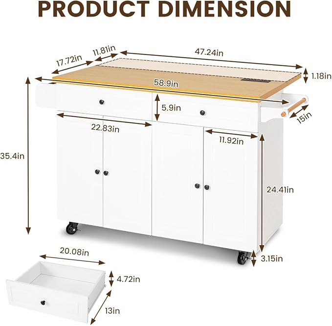 COCO DESIGN 60" Rolling Kitchen Cart with Power Strip & Drop Leaf, Thick Countertop, Large Storage Cabinet & Drawers, Mobile Island with Locking Wheels, Towel Rack and Spice Rack for Kitchen, White