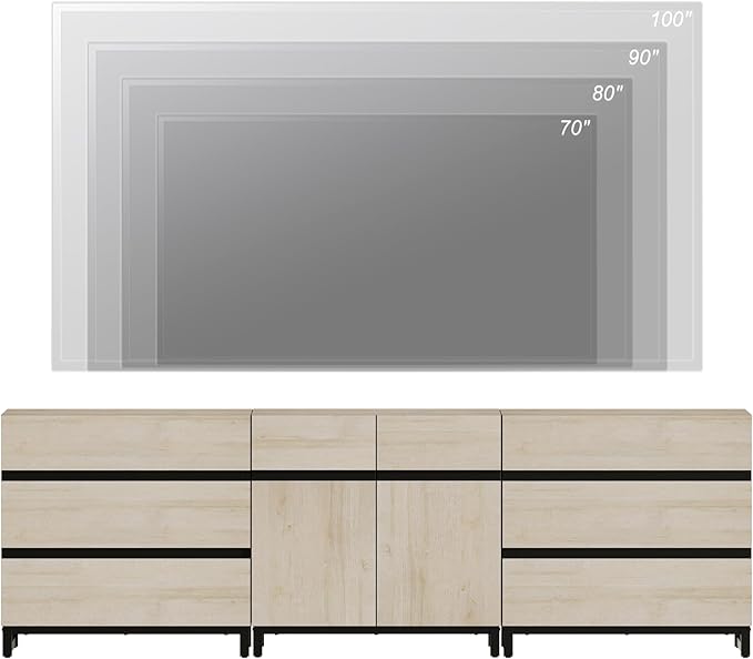 WAMPAT Modern TV Stand for TVs up to 100 Inch, 3-in-1 TV Console with Adjustable Shelves and 6 Drawers, Media Console for Living Room and Bedroom, Light Oak