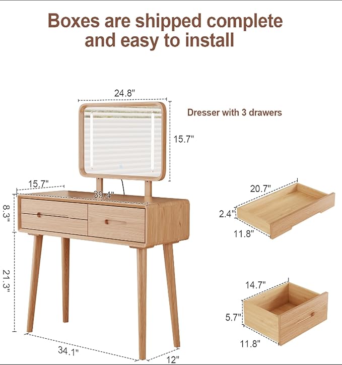 Soild Wood Vanity Table 40 IN with Light Mirror High Adjustable, Make Up Desk Large Dressing Table 3 Lighting Modes, Makeup Vanity 3 Drawer Dresser Vanity Table Wooden for Checkroom Apartment Bedroom