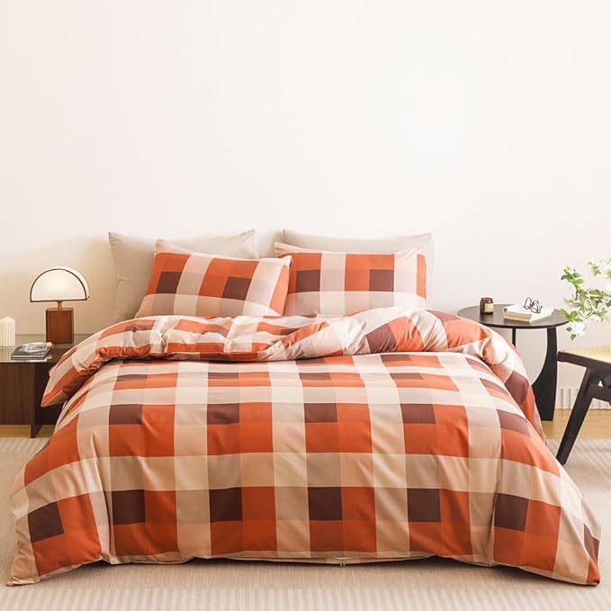 CLOTHKNOW Plaid Full Size Comforter Set 3Pcs Gingham Buffalo Bedding Comforter Sets Rust Khaki Brown Geometric Comforter Full Sets with 2 x Pillow Cases