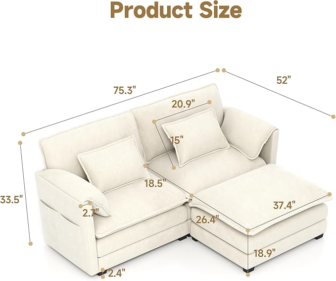 Real Relax 75.3'' Modular Sectional Sofa, Loveseat Chenille Convertible Couch with Movable Ottoman 4 Pillows and 2 Armrest Pillows for Living Room, Office and Leisure Places, Beige