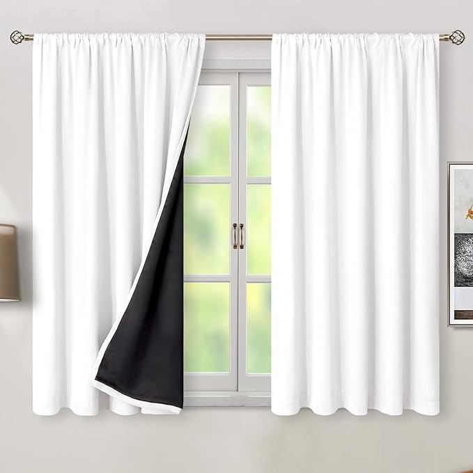 BGment 100% Blackout Curtains 54 Inches Long with Black Liner, Rod Pocket and Back Tab Double Layer Pure White Room Darkening Thermal Curtains for Window/Bedroom, 2 Panels, Each 52 x 54 Inch