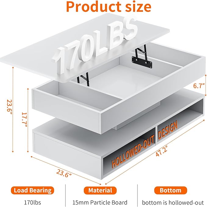 LED Coffee Table for Living Room,47.2" Large Living Room Table 2-Tier High Glossy Coffee Table with Storage,Rectangular Wooden Tea Tables for Home Office,White