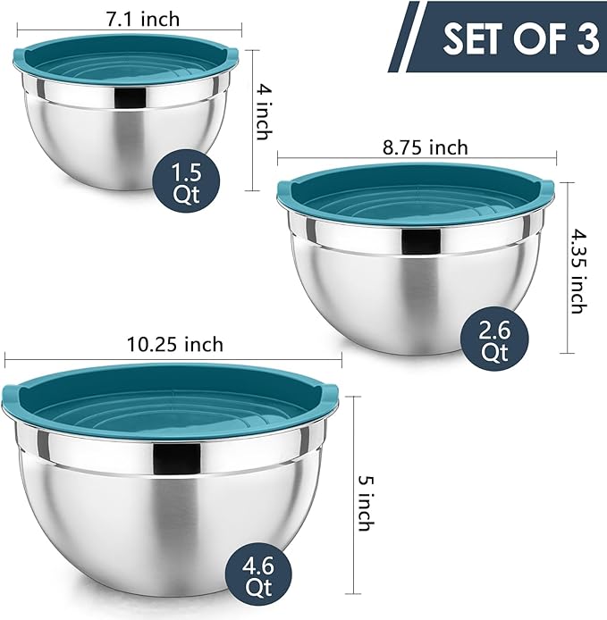 P&P CHEF Blue Mixing Bowls with Lids, Set of 3, Stainless Steel Salad Nesting Bowl for Mixing, Storing, Prepping, Airtight & Stackable, Size 4.6/3 /1.5 QT