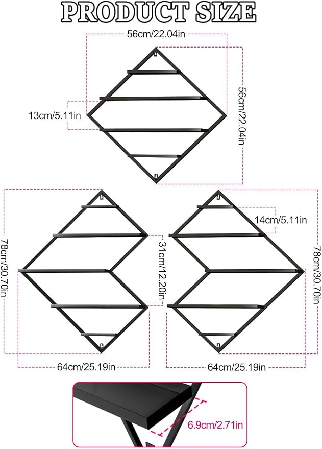EBANKU Metal Wall Mounted Nail Polish Storage Racks, Black Display Rack Cosmetic Display Case Lipstick Wall Shelf Essential Oil Organizer for Bottles Spa Nail Salon (Irregular Rhomboid)