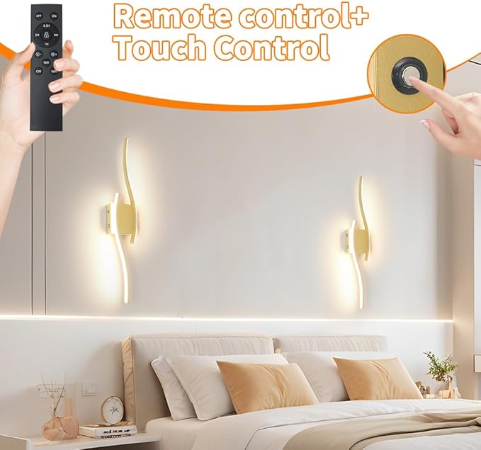 Battery Operated Wall Sconce Set of 2, Gold USB Rechargeable Wall Sconces, Dimmable Cordless Battery Wall Sconces with Remote Control, LED Wireless Lighting for Living Room Hallway Bedroom, 27.56in