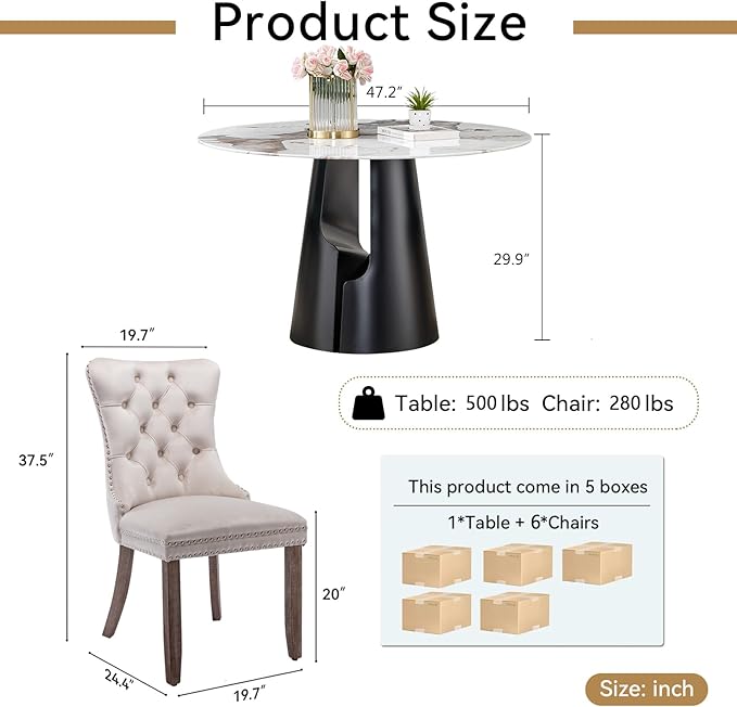 7-Piece Faux Marble Round Dining Table Set for 6, Modern Luxury Kitchen Table Set for 6 with Beige Tufted Chairs,Circle Dining Tables with Pandora Grain Top and Black Pedestal Base
