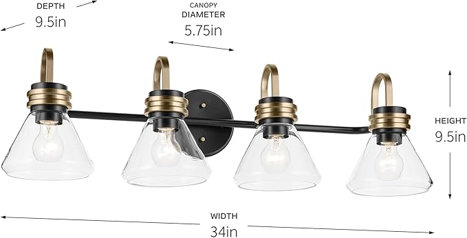 Kichler Farum 34" 4-Light Vanity Light with Clear Glass in Black, for Single or Double Vanity, Over a Mirror, Powder Room, Bathroom, (34" W x 9.5" H), 55156BKCLR