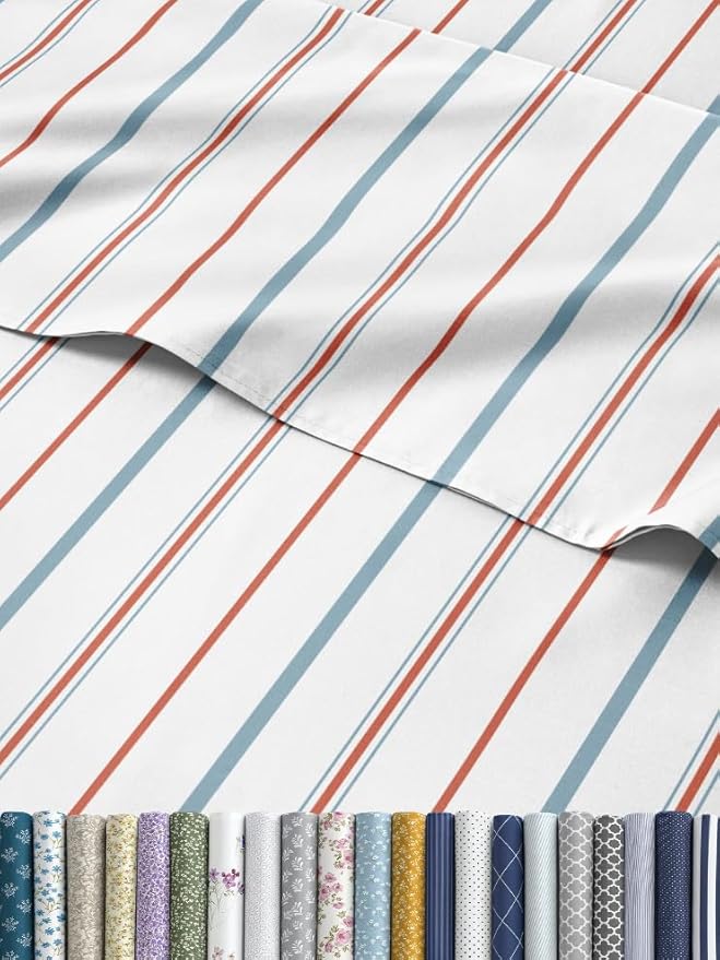 Striped Sheets - Red & Blue Striped Sheets - 1 Flat & 1 Fitted & 2 Pillowcases w/ Deep Pockets – Comfy, Wrinkle & Fade Free - Soft, Breathable & Cooling – Luxury Pinstripe Bedding - Full Size Bed Set