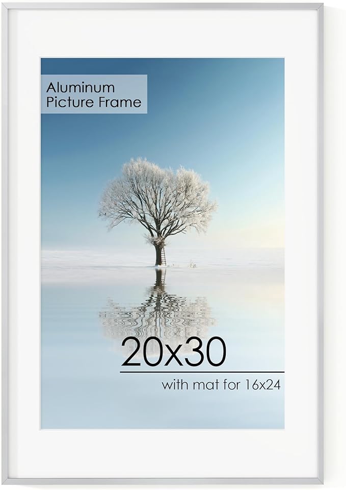 20x30 Metal Picture Frame for Wall With Mat for 16x24, 20''x30'' Aluminum Photo Frames With Tempered Glass for Home Decor, Minimalist Modern Poster Frame Horizontal And Vertical Formats, Silver
