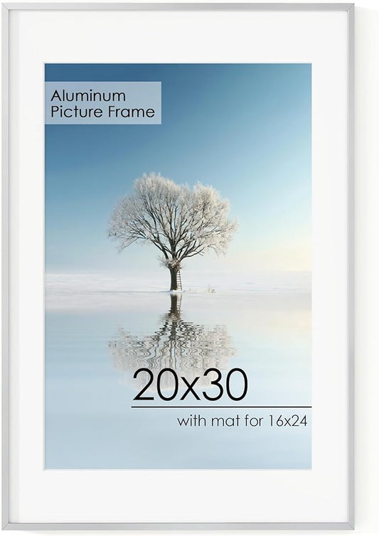 20x30 Metal Picture Frame for Wall With Mat for 16x24, 20''x30'' Aluminum Photo Frames With Tempered Glass for Home Decor, Minimalist Modern Poster Frame Horizontal And Vertical Formats, Silver