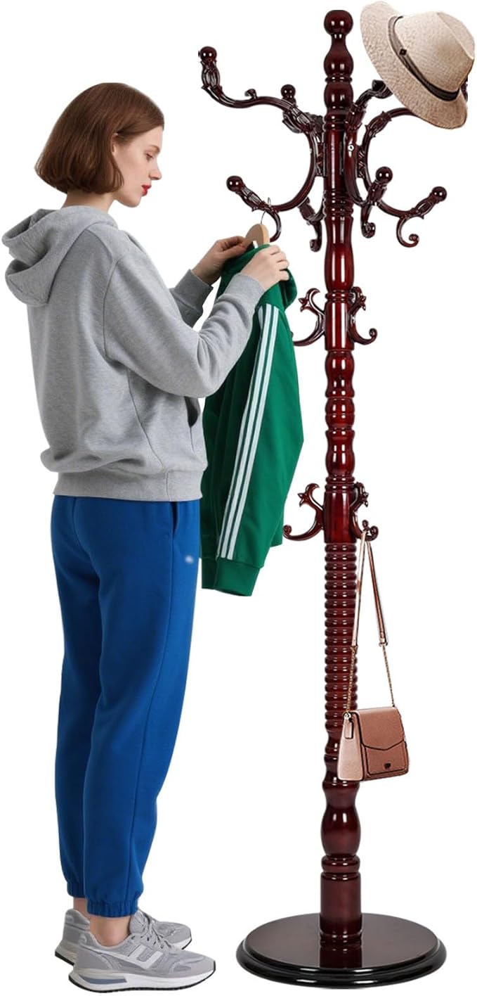 Coat Racks Freestanding, Natural Wood Coat Stands with 14 Hooks, 73" Heavy Duty Adjustable Height Vintage Hall Tree for Entryway, Bedroom, Office, Easy Assembly (Rosewood)
