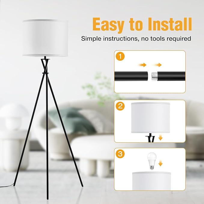 Floor Lamp for Living Room, 61'' Modern Tripod Floor Lamps with White Shade & Rotary Switch, Black Floor lamp for Bedroom, Office, Simple Design Lamp