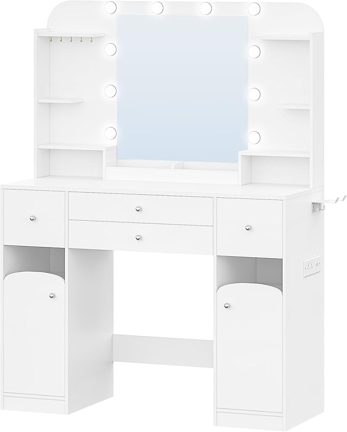 Vanity Desk with HD Mirror and Led Light, Makeup Vanity with Power Strip, Dressing Table with 4 Drawers, 42.5'' Large Tabletop, 2 Open Storage Cabinets, with Jewelry Storage, White