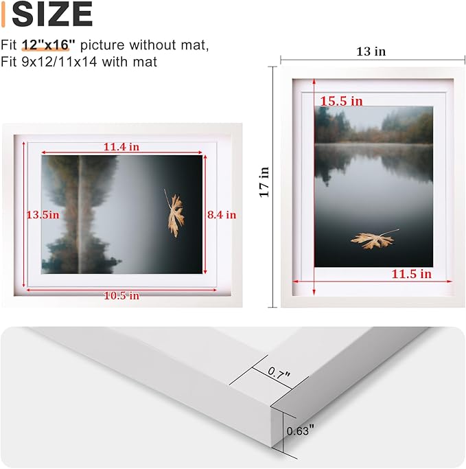 Egofine 12x16 Picture Frame White Covered by Plexiglass Made of Solid Wood, Display Pictures 9x12 and 11x14 with Mat or 12x16 Without Mat for Wall Mounting