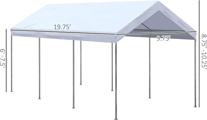 Outsunny 10' x 20' Party Tent and Carport, Height Adjustable Portable Garage, Outdoor Canopy Tent 8 Legs Without Sidewalls for Car, Truck, Boat, Motorcycle, Bike, Garden Tools, White