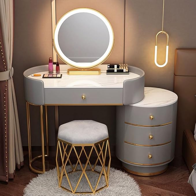 KWOKING Contemporary Make-up Vanity with Slate Stone Top & Storage Drawers Bedroom Dressing Table Storage Cabinet Integrated Table Gray White - Makeup Vanity & Mirror & Nest Stool 31"L x 16"W x 31"H