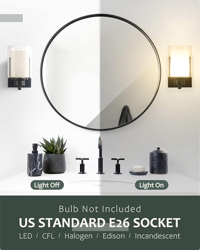 3 Pack Bath Vanity Light Fixtures 1-Light, Indoor Black Wall Light with Dual Glass Shade, Farmhouse Bathroom Wall Scone