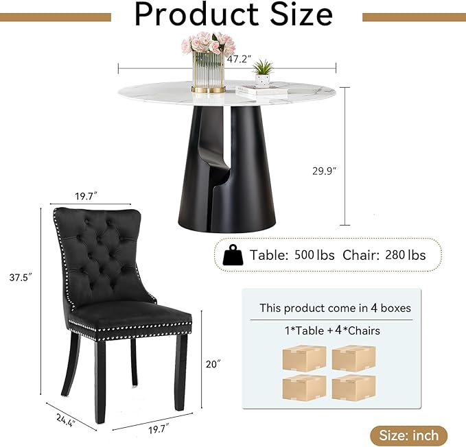 5-Piece Faux Marble Round Dining Table Set for 4, Modern Luxury Kitchen Table Set for 4 with Black Tufted Chairs,Circle Dining Tables with White Marble Grain Top and Black Pedestal Base