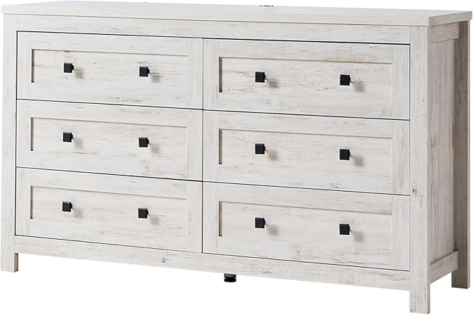 Farmhouse 6 Drawer Dresser, Wood Rustic Chest of Drawers for Bedroom, Closet Storage Dressers Organizer, 6 Drawers Chest for Living Room, Hallway, Rustic White